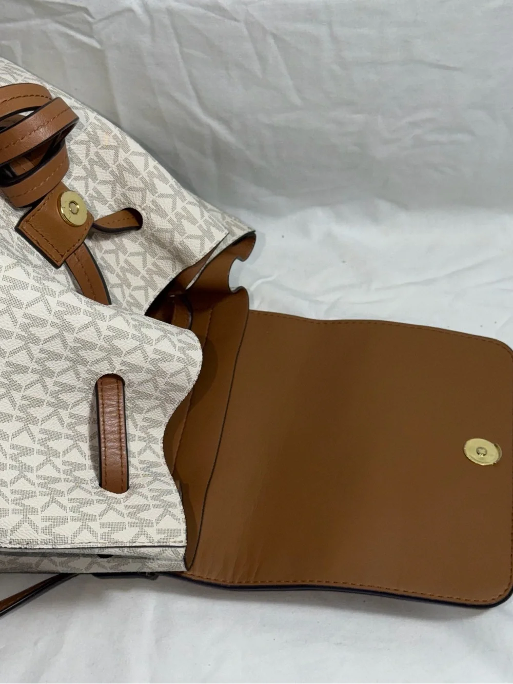 Michael Kors Junie Medium Vanilla MK Logo Drawstring Backpack Acorn Leather